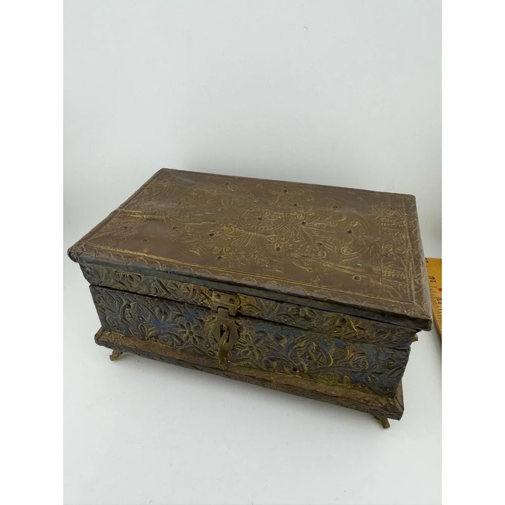 Vintage Brass Art Nouveau Tin Embossed Jewelry Box Footed Latch Chest